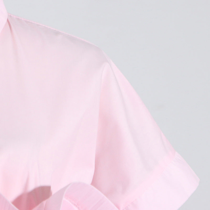 Pastel Collar Ruffled Stitching Design Tight Waist Slimming High Grade Short Sleeve Shirt for Women