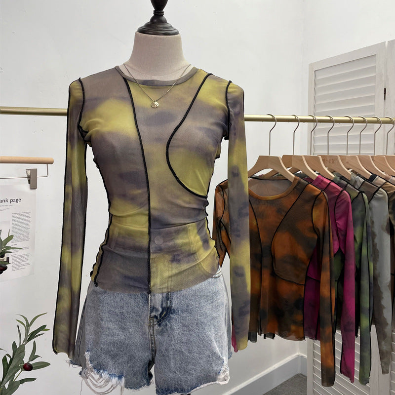 Earthtone Sunset Blooming Stretch Mesh Slim Fit Bottoming Shirt Bandage Top