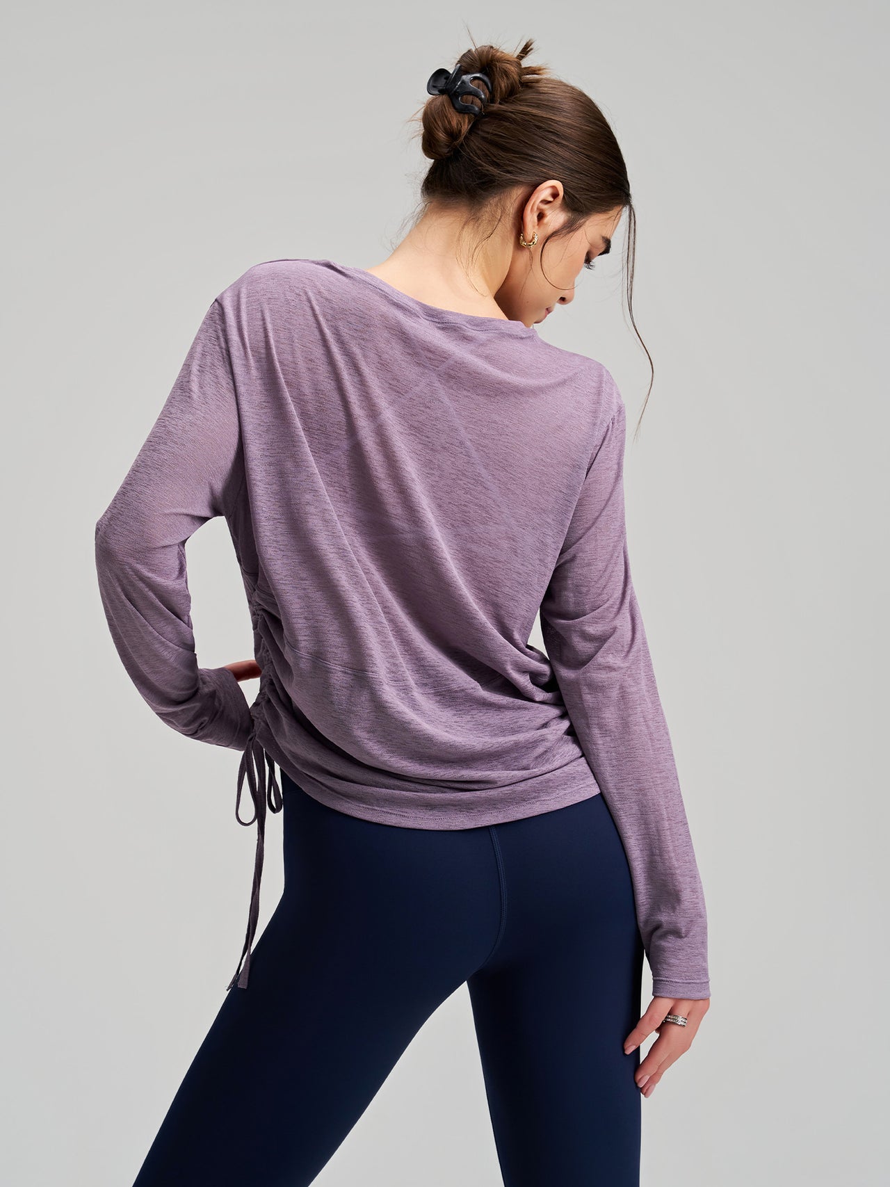 Round Neck Yoga Long Sleeve Drawstring T shirt Loose Breathable Fitness Running Top