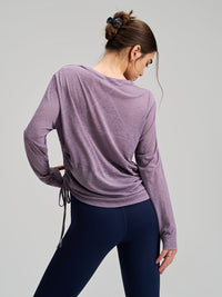 Round Neck Yoga Long Sleeve Drawstring T shirt Loose Breathable Fitness Running Top