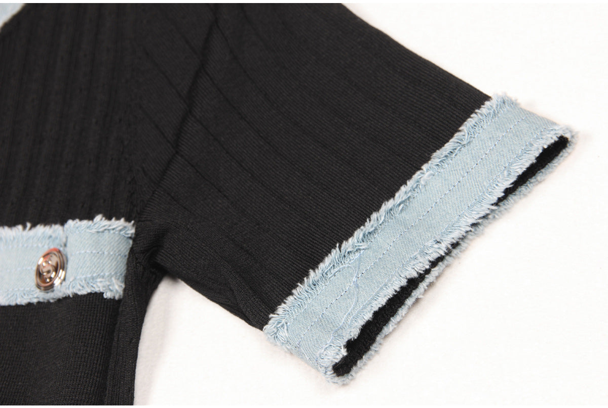 Black Short Sleeve Stitching Denim Simple Elegant Slim Slimming Long Knitted Dress Women