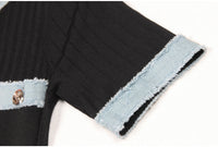 Black Short Sleeve Stitching Denim Simple Elegant Slim Slimming Long Knitted Dress Women