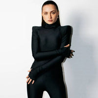 Black Women Winter High Collar Long Sleeve Finger Stall Slim