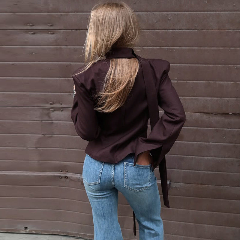 Women Clothing Autumn Elegant Cardigan Button Small Blazers Slim Solid Color Coat