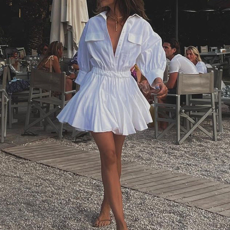Women Clothing Casual Short A line Dress Cotton Collared 3/4 Sleeve French Shirt Dress - Modestly Vogue
