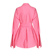 Vacation Long Sleeve Shirt Dress with Lace-Up Waist - Modestly Vogue