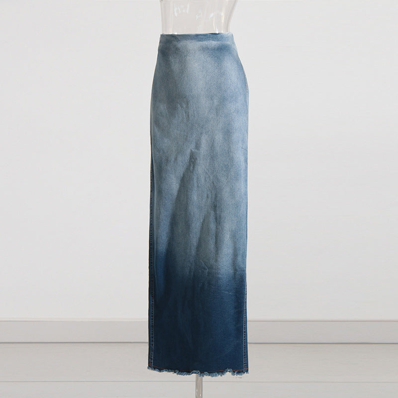 Blue Gradient Washed Denim Skirt for Women - Frayed Hem Split Slimming Design