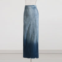 Blue Gradient Washed Denim Skirt for Women - Frayed Hem Split Slimming Design