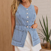 Women Clothing Summer Casual Slim Fit Buttoned Cardigan Denim Vest - Modestly Vogue