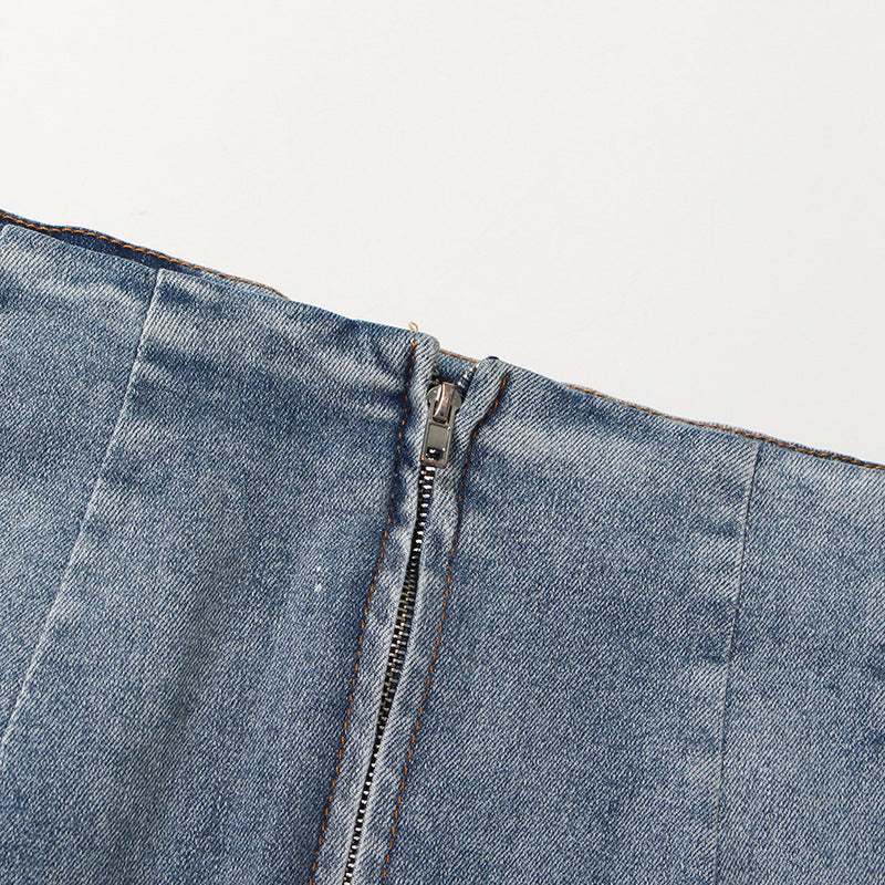 Blue Gradient Washed Denim Skirt for Women - Frayed Hem Split Slimming Design
