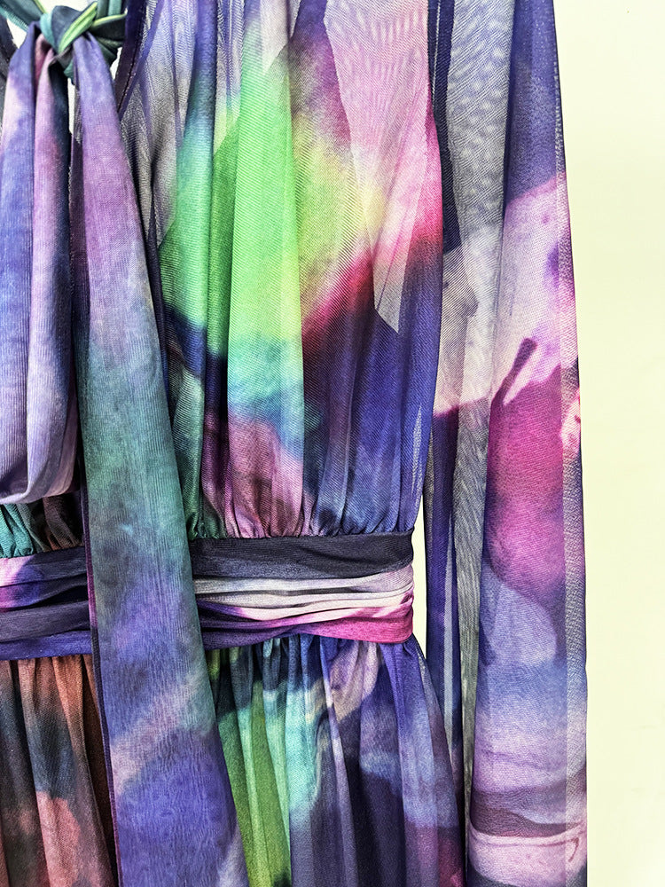 Spring Summer Star Bay Sleeve Colorful Printed Maxi Dress Holiday Maxi Dress