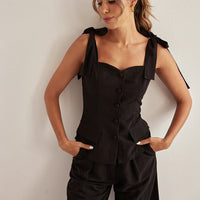 Spring Summer Black Bandeau Sling Top High Waist Wide Leg Pants Two Piece Set - Modestly Vogue