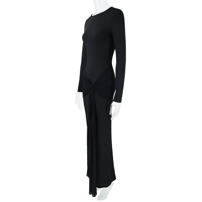 Fall Women Clothing round Neck Long Sleeve Slim Fit Lace up Sheath Solid Color Temperamental Minority Maxi Dress