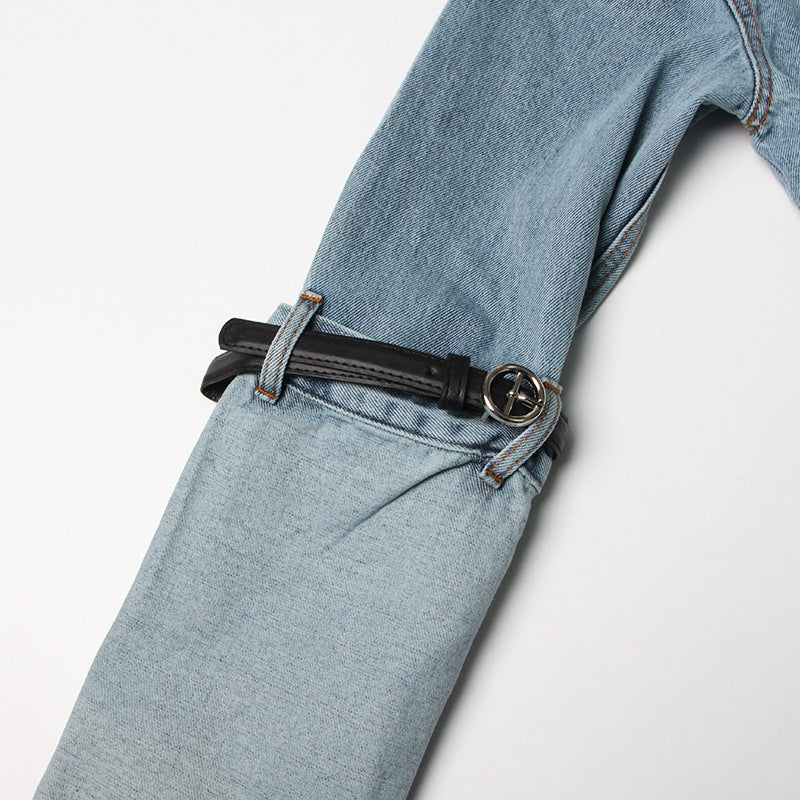 Blue Denim Belt Design Denim Jacket for Women - Collared Korean Patchwork Top