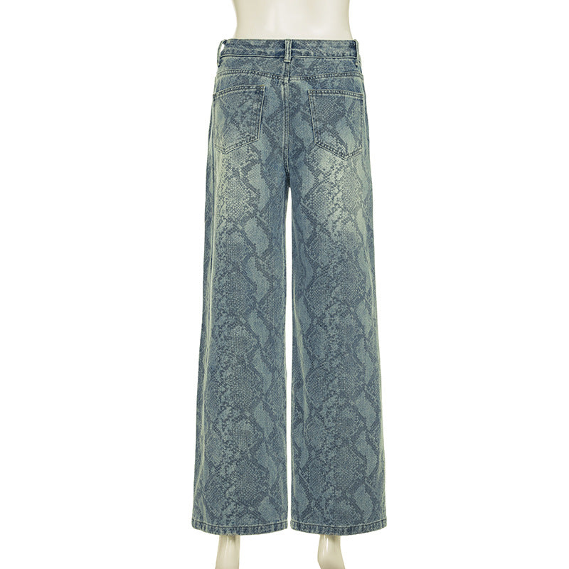 Earthtone Casual Street Snake Print Jeans Women Autumn High Waist Slimming Washed Drooping Straight Pants