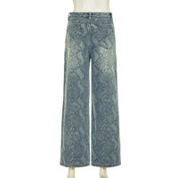 Earthtone Casual Street Snake Print Jeans Women Autumn High Waist Slimming Washed Drooping Straight Pants