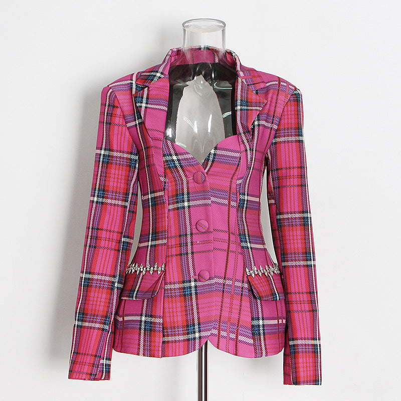 Pastel Backless Plaid Coat for Women - Spring Autumn Single Breasted