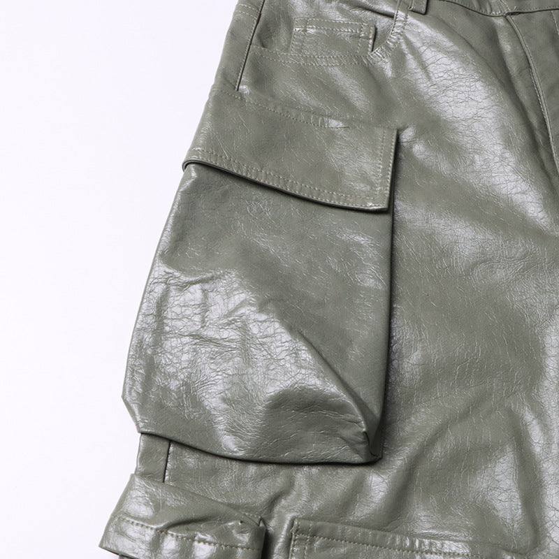 Earthtone Unique Design Faux Leather Trousers - High Waist Straight Leg Pants for Women