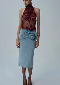 Blue Spring Summer Modern Urban Women Power Sense Three Pleated Rose Washed Denim Pencil Skirt