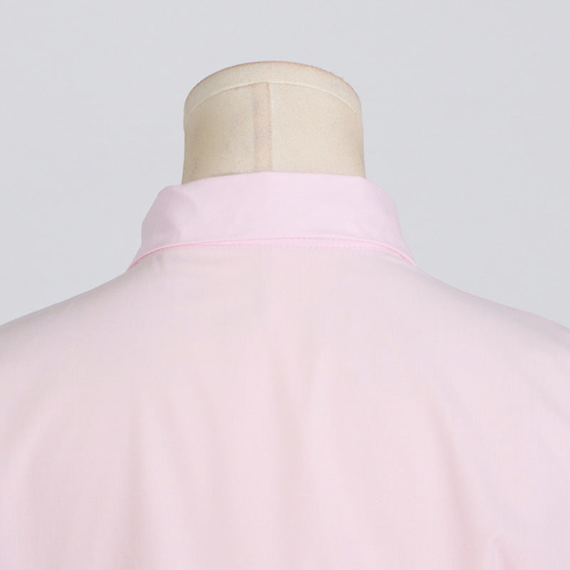 Pastel Collar Ruffled Stitching Design Tight Waist Slimming High Grade Short Sleeve Shirt for Women