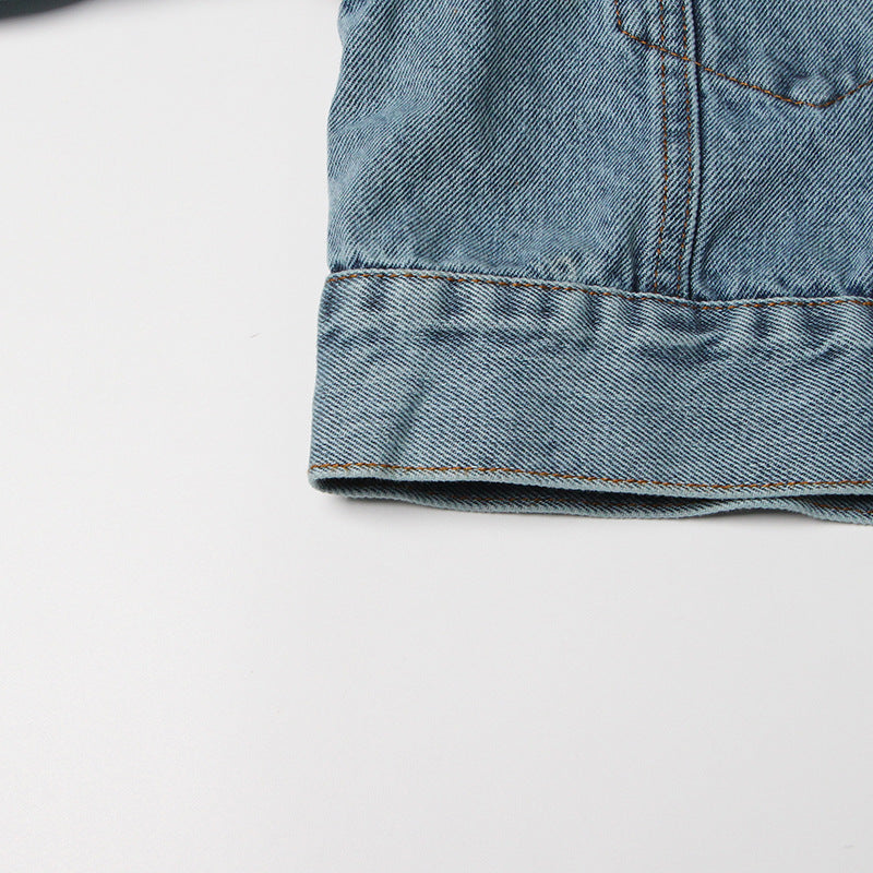 Blue Denim Belt Design Denim Jacket for Women - Collared Korean Patchwork Top