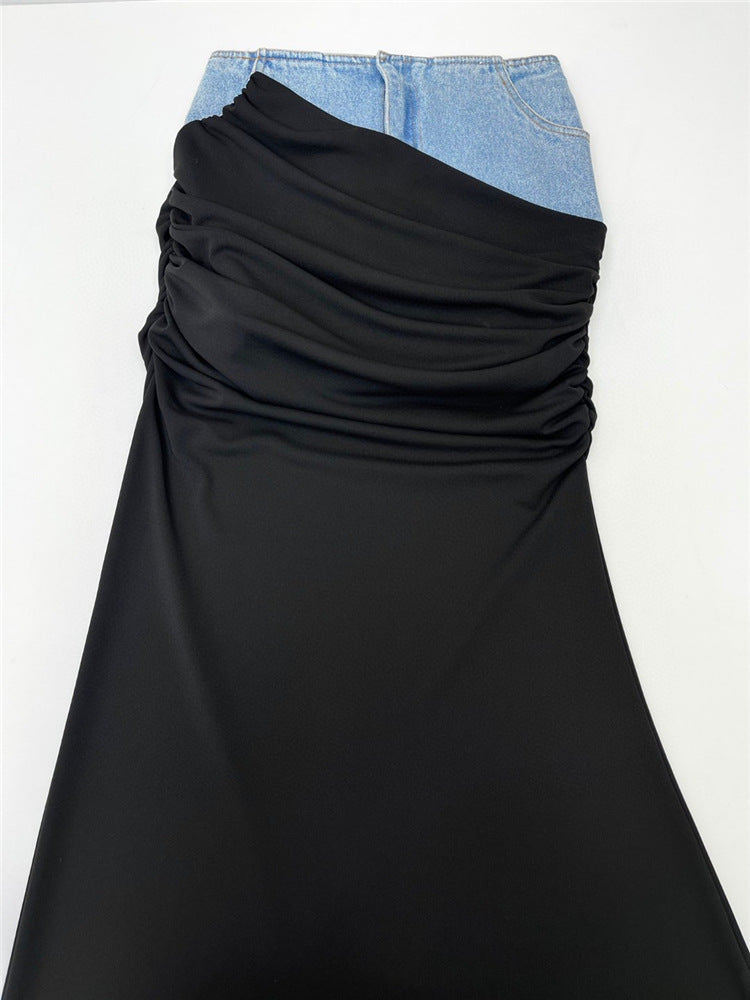 Blue Denim Patchwork Color Block Ruched Zipper Skirt
