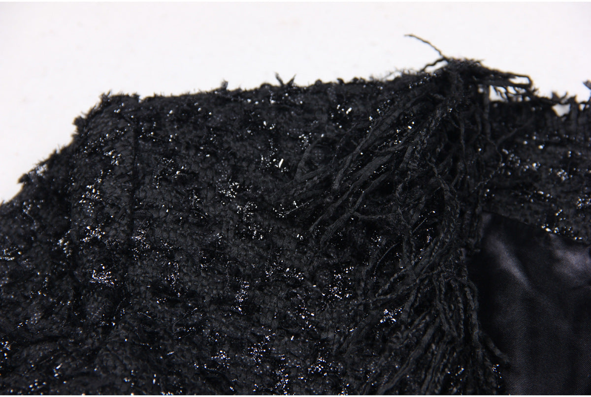 Black Silk Tweed Fringe Pocket Fastener Decoration Cardigan Women Coat Top