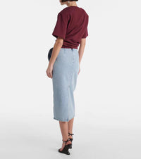 Blue Spring Summer Modern Urban Women Power Sense Three Pleated Rose Washed Denim Pencil Skirt