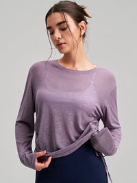 Round Neck Yoga Long Sleeve Drawstring T shirt Loose Breathable Fitness Running Top