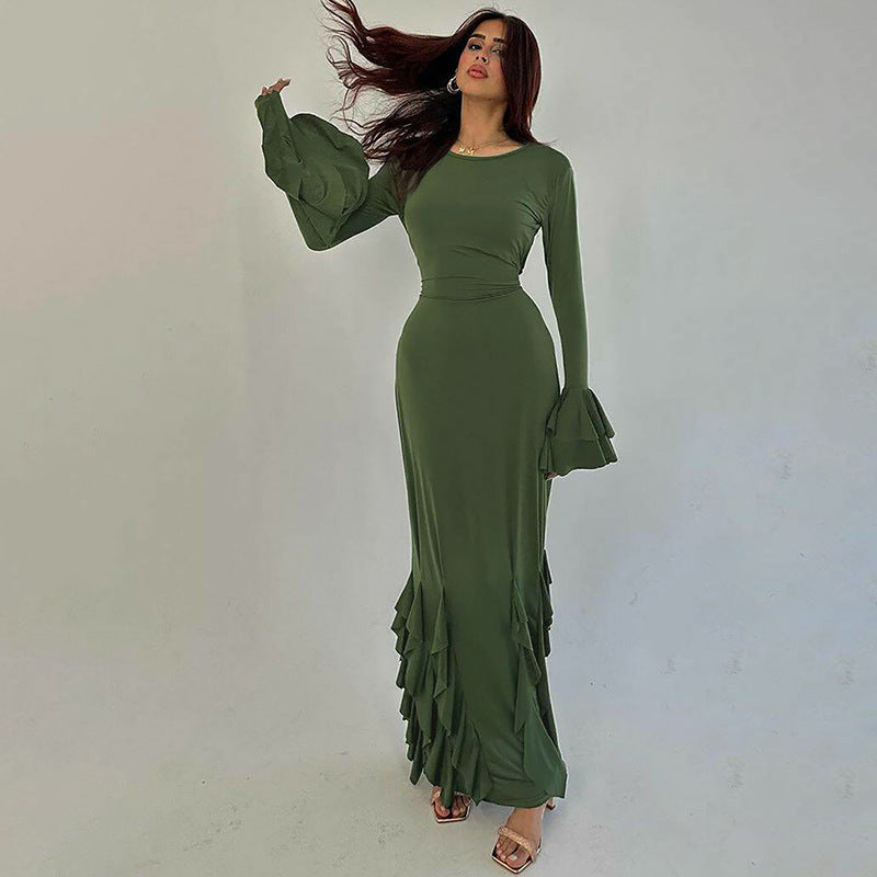 Earthtone Women Clothing Autumn Slim Fit Tied Lace Long Sleeved Dress Women