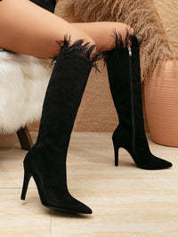 Suede Pointed Toe Stiletto Feather Side Zipper Boots - Modestly Vogue