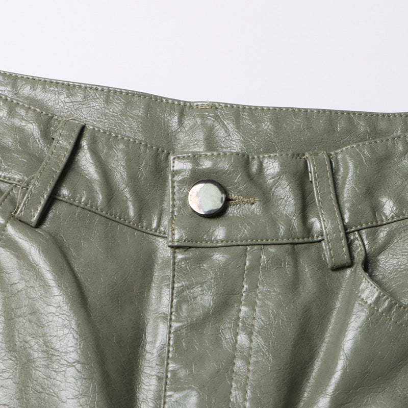 Earthtone Unique Design Faux Leather Trousers - High Waist Straight Leg Pants for Women
