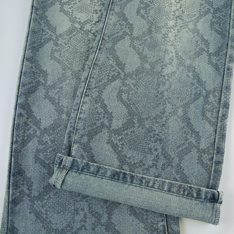 Earthtone Casual Street Snake Print Jeans Women Autumn High Waist Slimming Washed Drooping Straight Pants