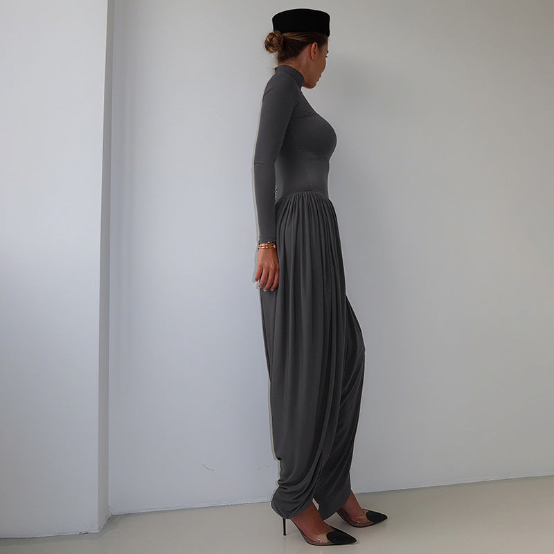 Black Fall Women Clothing Slim Fitting Cool Turtleneck Solid Color Long Sleeve Pleated Jumpsuit