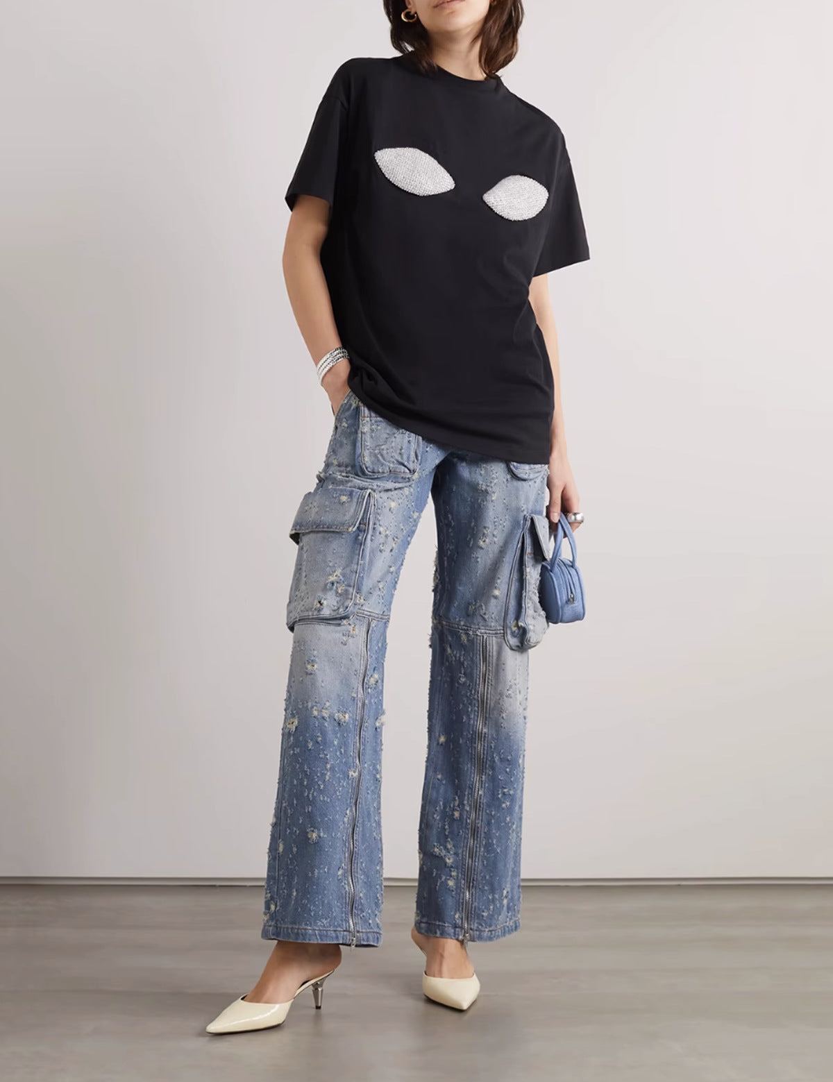Blue Niche Design Jeans High Waist Loose Hole Trousers