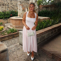 Spring French Pink Strap Dress - Elegant Large Swing Dress | Square Collar - Modestly Vogue