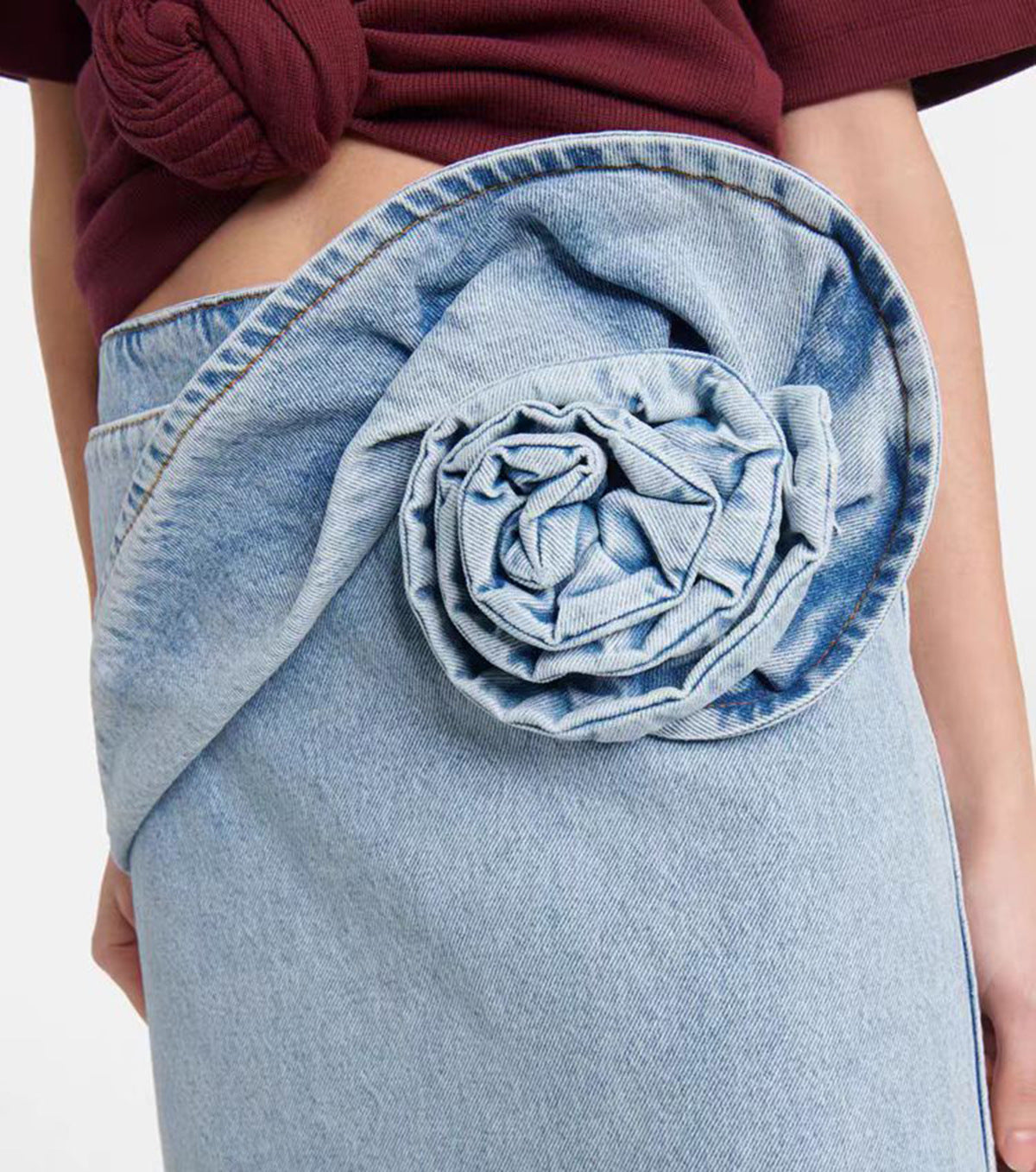 Blue Spring Summer Modern Urban Women Power Sense Three Pleated Rose Washed Denim Pencil Skirt