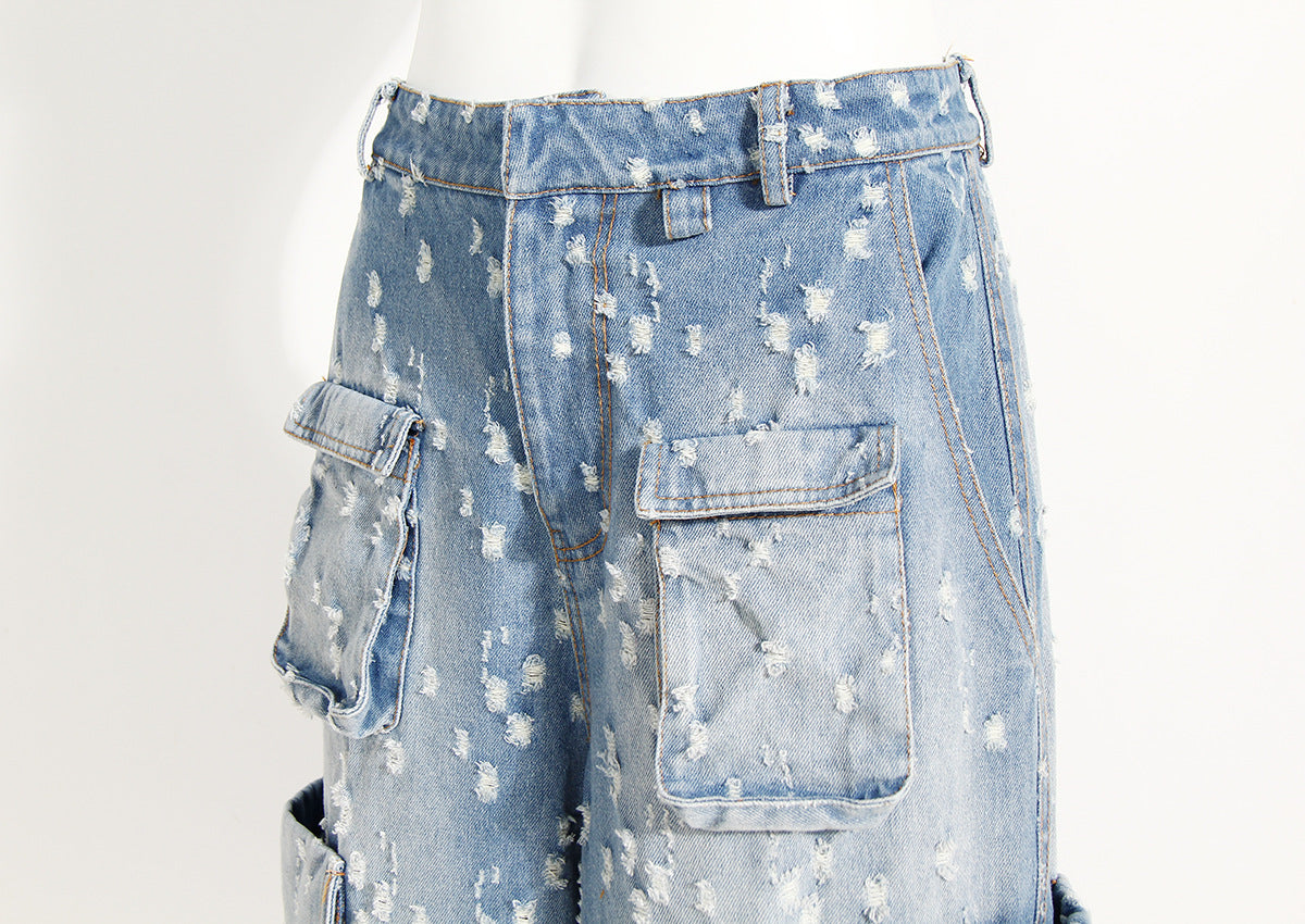 Blue Niche Design Jeans High Waist Loose Hole Trousers