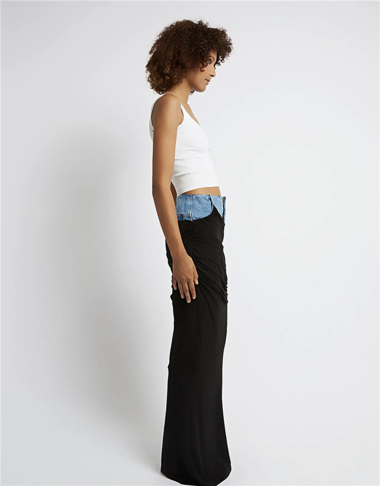Blue Denim Patchwork Color Block Ruched Zipper Skirt