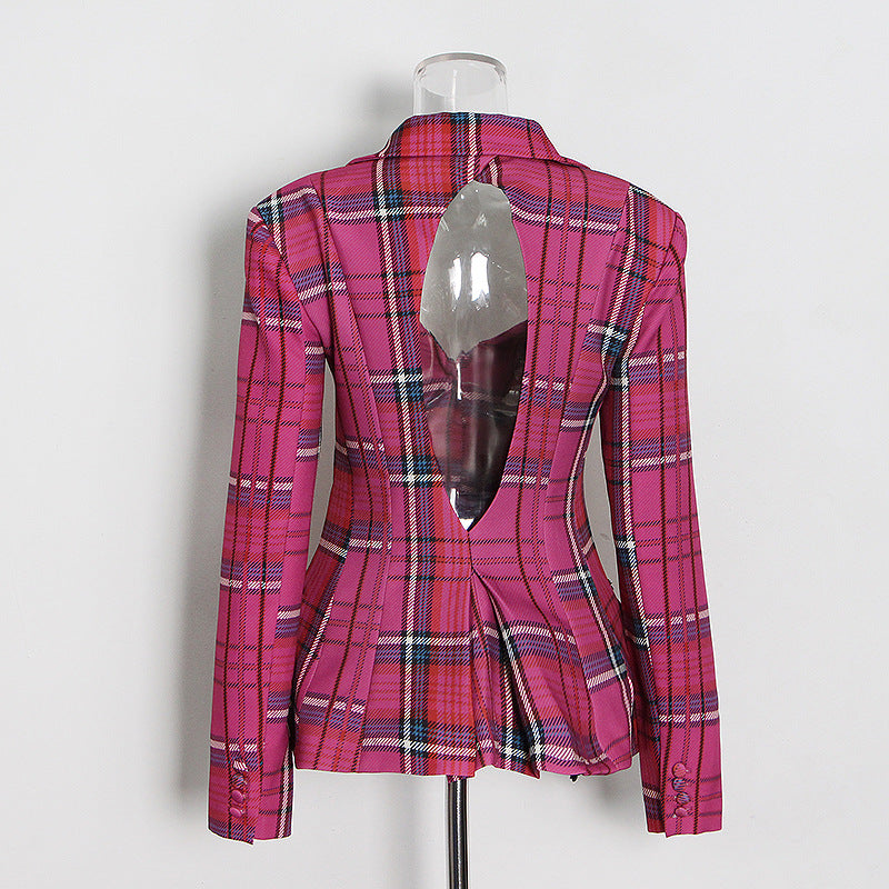 Pastel Backless Plaid Coat for Women - Spring Autumn Single Breasted