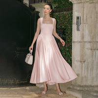 Spring French Pink Strap Dress - Elegant Large Swing Dress | Square Collar - Modestly Vogue