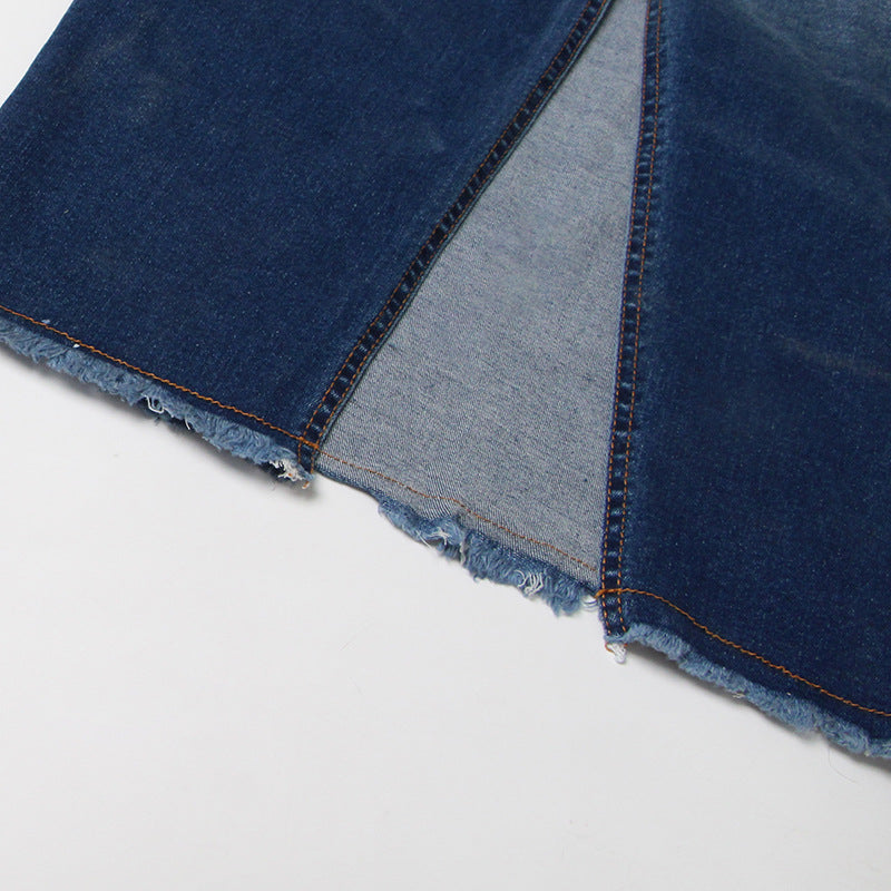 Blue Gradient Washed Denim Skirt for Women - Frayed Hem Split Slimming Design