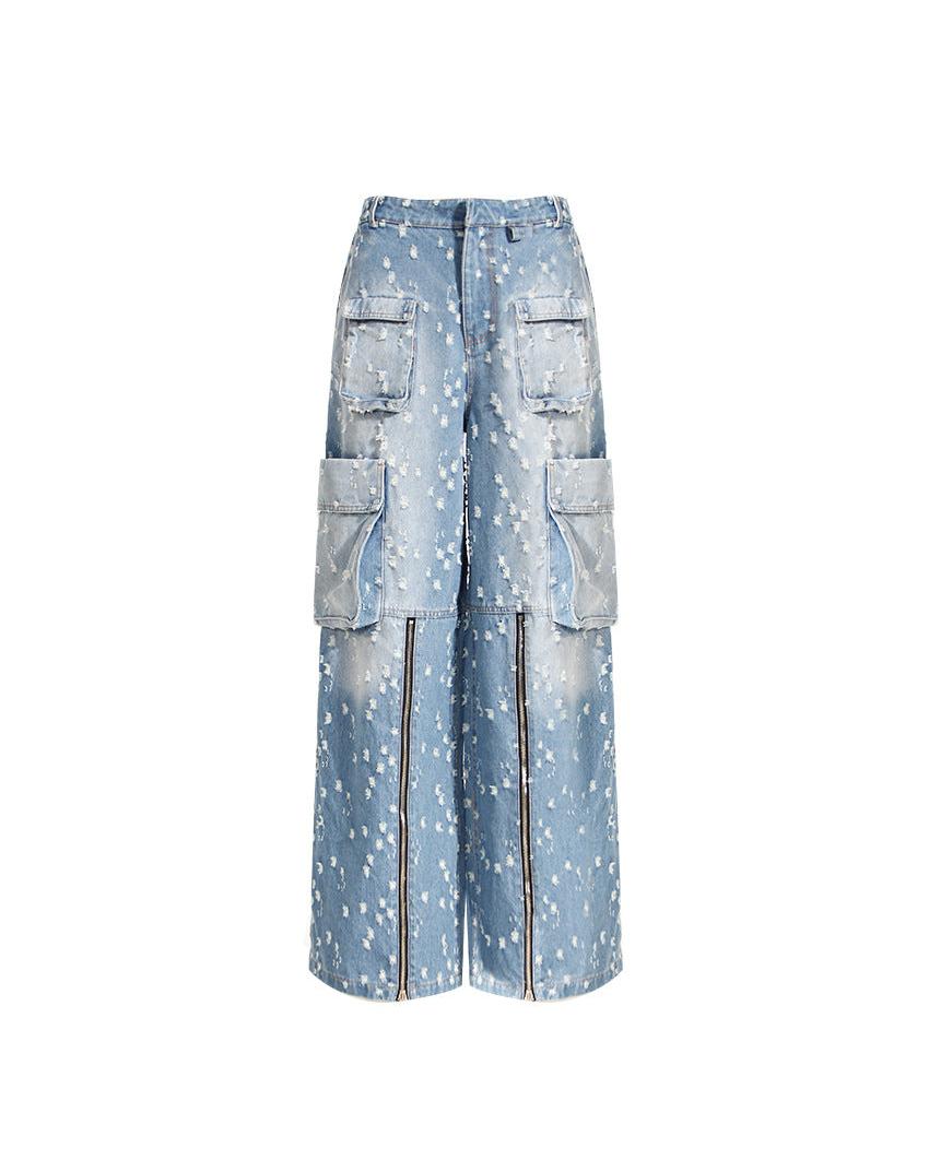 Blue Niche Design Jeans High Waist Loose Hole Trousers