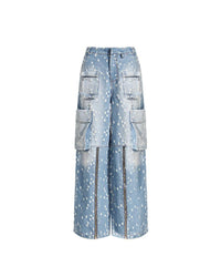 Blue Niche Design Jeans High Waist Loose Hole Trousers