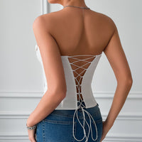 Low Cut Satin Tie Corset Top with Boning and Lace-up Steel Rings - Modestly Vogue