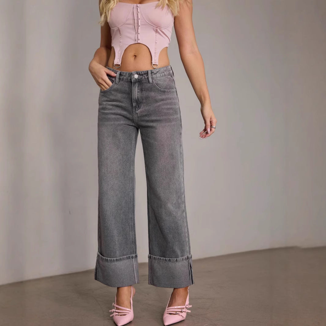 Spring Vintage Stretch Women Straight High Waist Denim Trousers - Modestly Vogue
