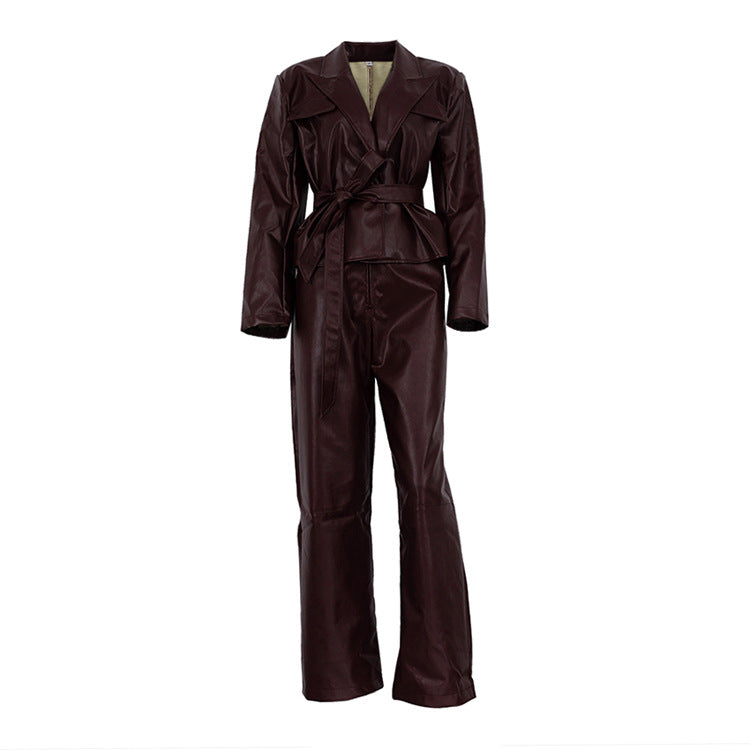 Spring Autumn Retro Green Fruit Collar with Belt Leather Coat High Waist Leather Pants Set for Women