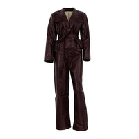 Spring Autumn Retro Green Fruit Collar with Belt Leather Coat High Waist Leather Pants Set for Women