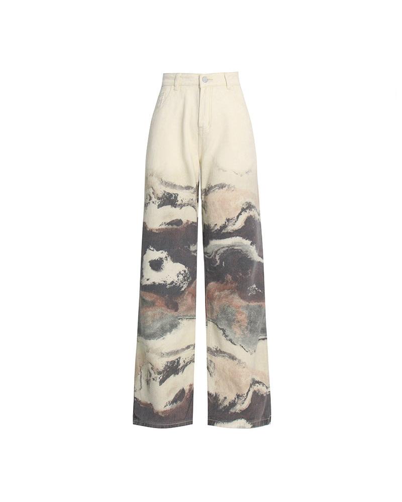 Neutral Blooming Ink Painting Patchwork Trousers for Women - High Waist Autumn Casual Jeans