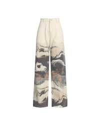 Neutral Blooming Ink Painting Patchwork Trousers for Women - High Waist Autumn Casual Jeans